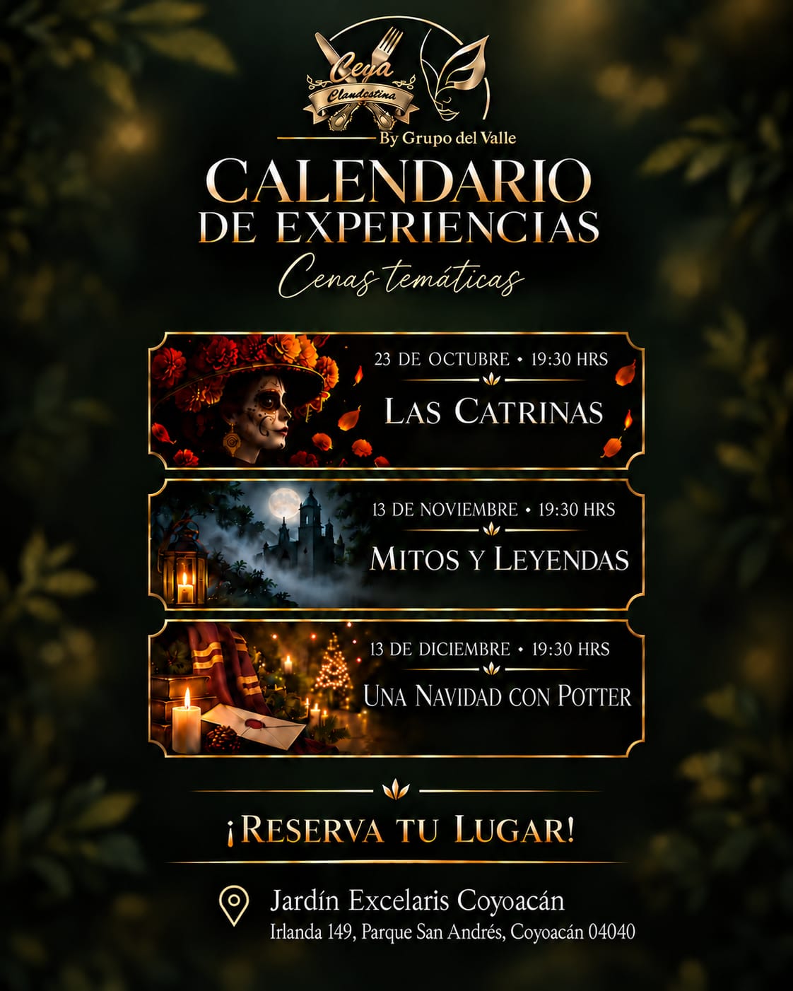 Calendario de cenas temáticas: Las Catrinas, Mitos y Leyendas y Una Navidad con Potter